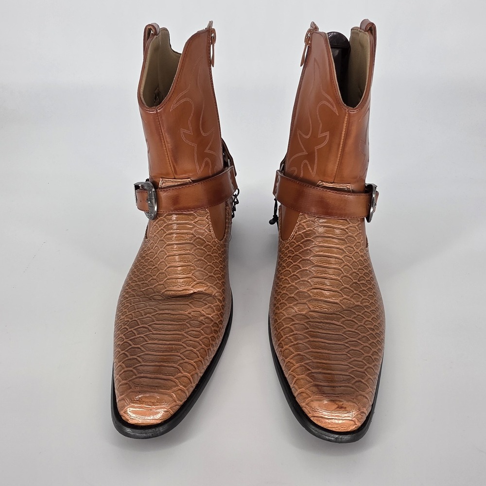 Western Cowboy Boots Brown, Faux Crocodile Metro Charm Diego-01 Strap Buckle - Picture 3 of 10